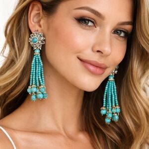 Deanna Hanroe Vintage Turquoise Chandelier clip Earrings 4”Austrian Crystals